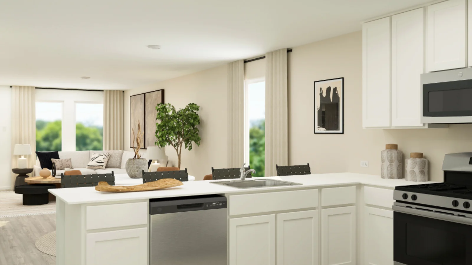 kitchen and living